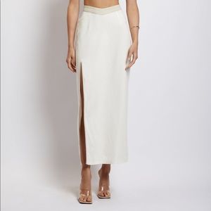 Contrast Binding Linen Midi Skirt - White